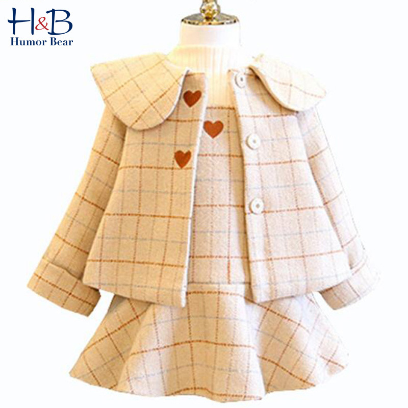 Humor Bear Girls Clothing Set Autumn Winter Love Doll Collar Cardigan Long Sleeve Sweater+ Vest Dress Suit Kids Children ClothesX1019