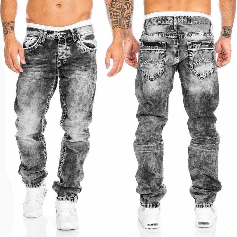 Men's Casual Washed Denim Straight Jeans, Loose Fit Mid-Waist Pocket Pants, Light Blue, Grey, Black - Autumn Fashion B4
