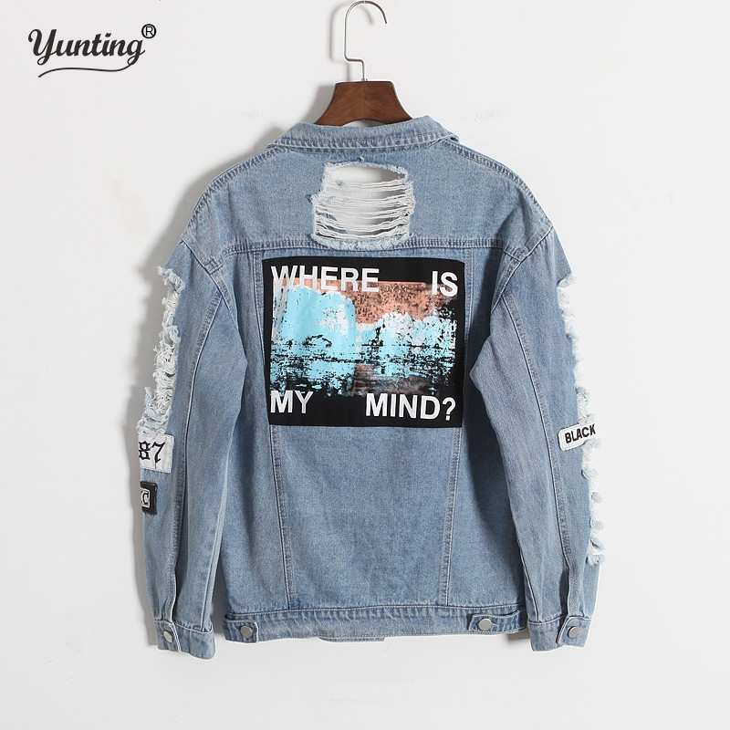 Vintage Fashion Wash Water Distrressed Denim Jacket Embroidery Letter Loose Back Applique BF Denim Coat Hole Outerwear Female 201112