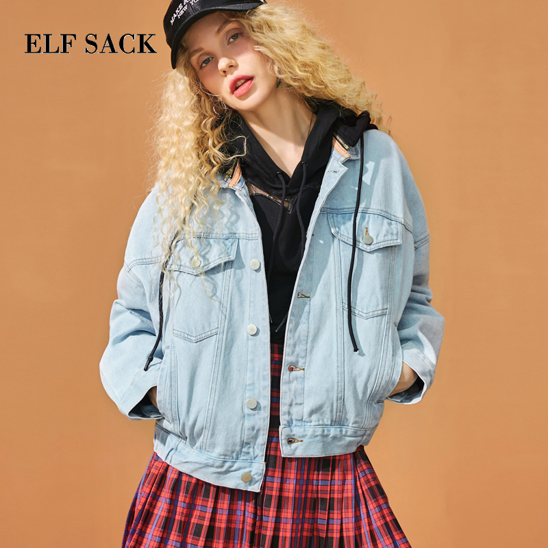 ELF SACK New Woman Jackets Cotton Casual Long Sleeve Denim Women Coats Solid Wide-waisted Loose Femme Denim Jackets Outerwear T200319