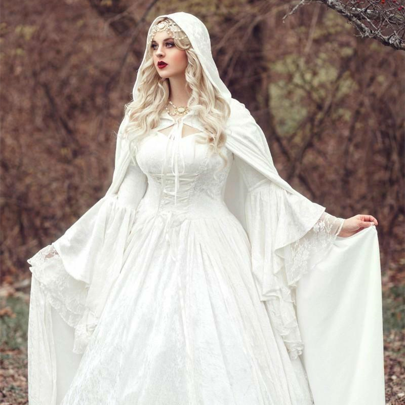 Renaissance Gothic Lace A-Line Wedding Dresses With Cloak Plus Size Bridal Gowns Vintage Bell Long Sleeve Celtic Medieval Princess Bride Dress Corset 