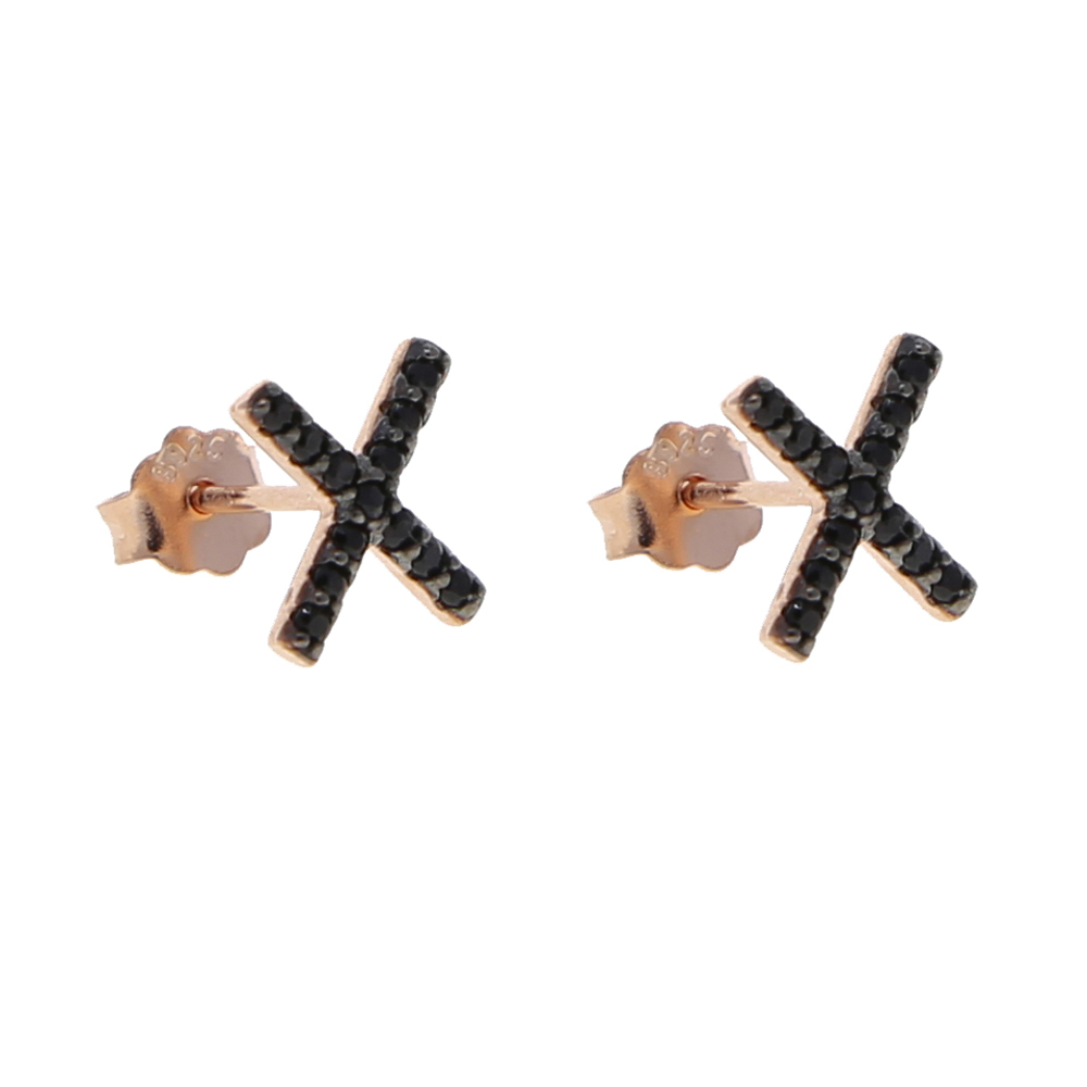 Delicate Rose Gold Color Classic Black Cz Paved X Cross Charm Stud Earring for Women Real 925 Sterling Silver Engagement Jewelry