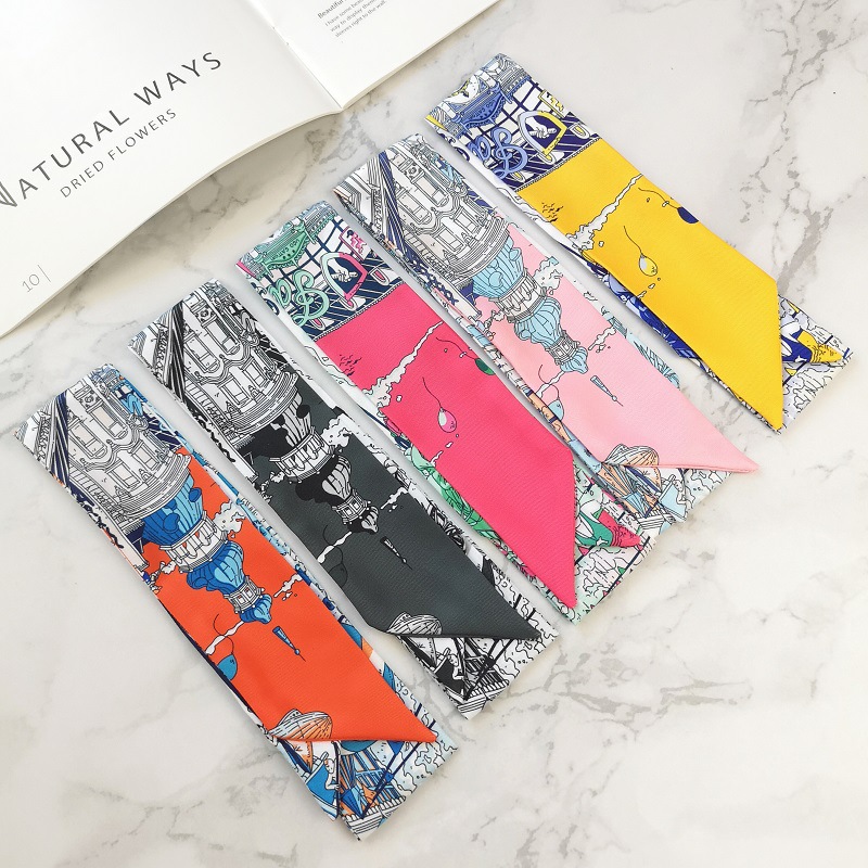 2 Floating bag silk ribbon simulation silk thin narrow strip small scarf women's personalized printing scarf hair band wrapped bag handle s