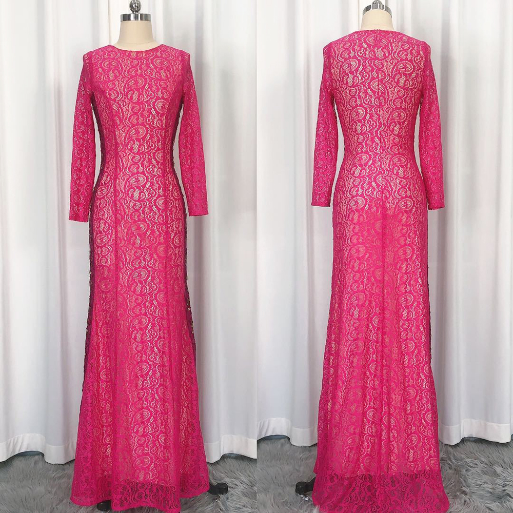 Women's Party Dress O Neck Embroidery Lace Long Sleeves Beaded Elegant Long Prom Runway Dresses