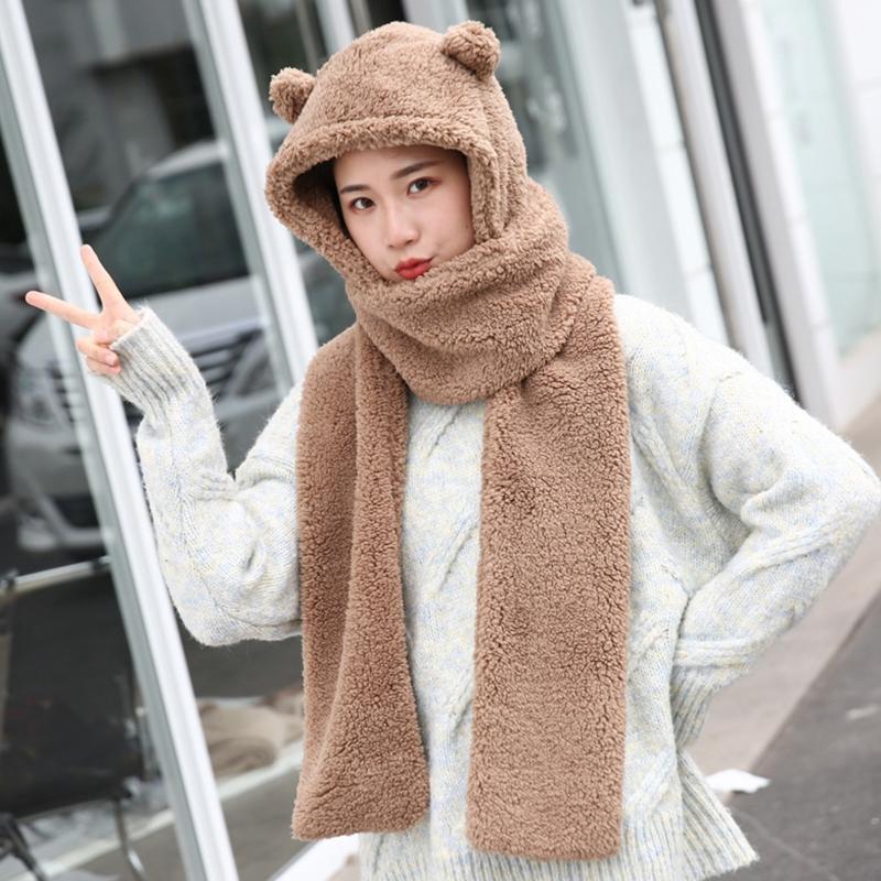 Women Winter One-Piece Hat Scarf Cute Bear Ears Hooded Earflap Cap Thicken Plush Thermal Solid Color Neck Warmer Gift 
Women Winter One-Piece Hat Scarf Cute Bear Ears Hooded Earflap Cap Thicken Plush Thermal Solid Color Neck Warmer Gift