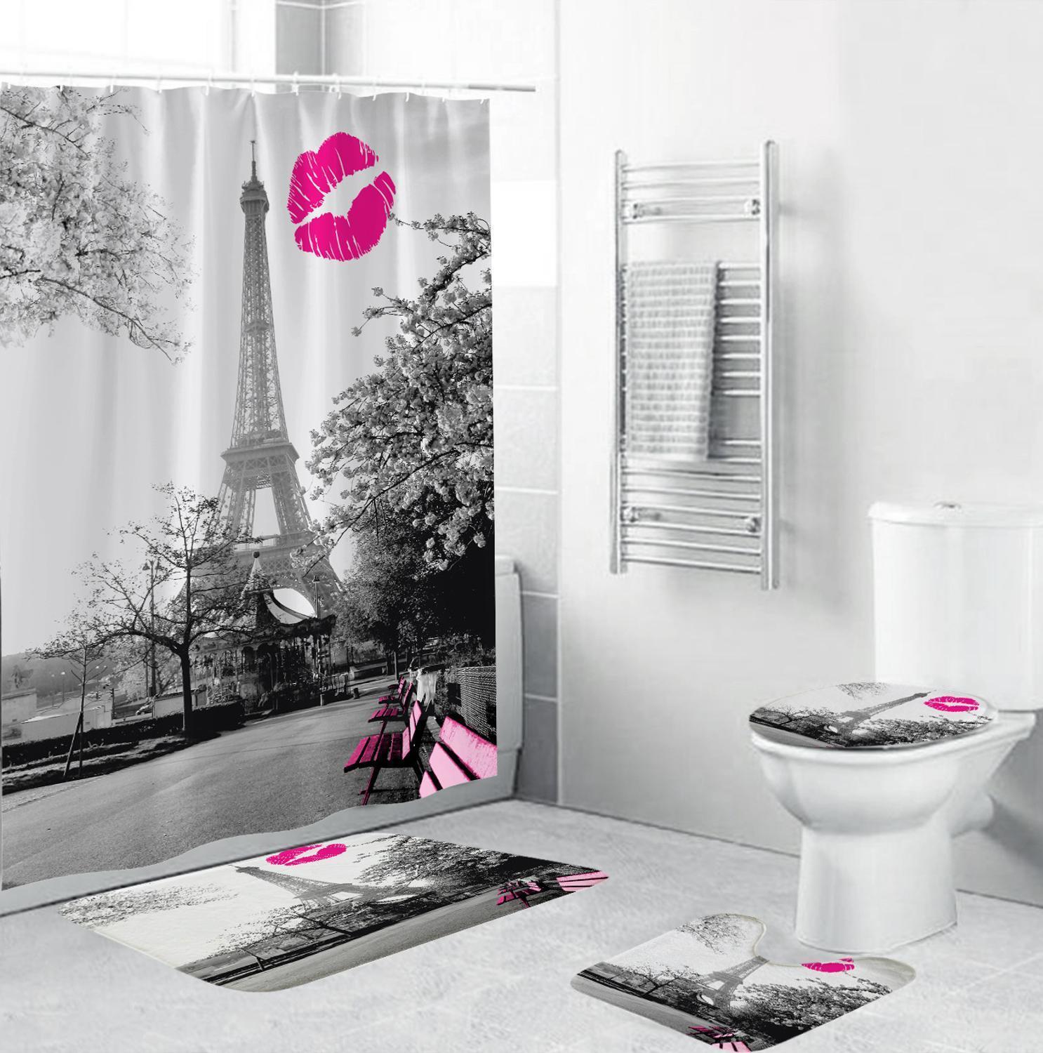Retro Paris Tower Print Shower Bath Curtain Bathroom Accessories 4 Piece Set Soft High Quality Toilet Mat Pad Home Decor T200711