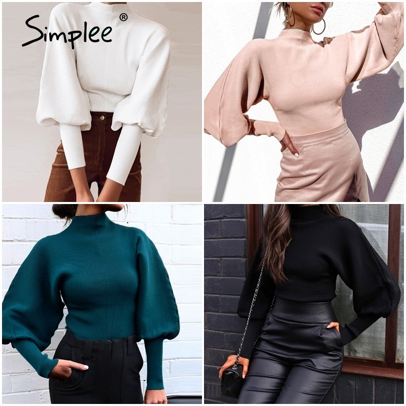 Simplee High waist Lantern Sleeve women's sweater Autumn winter white casual Pullover High street style knitted sweater 201023