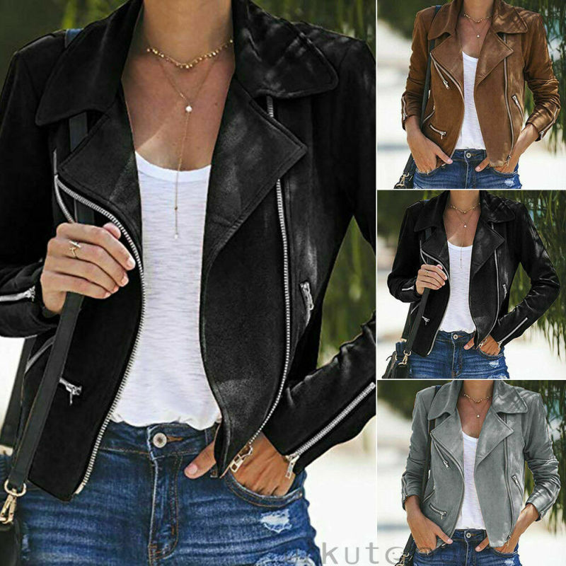 Women's Ladies Zip Up Casual Suede Leather Jacket Flight Coat Biker Tops Clothes T200111