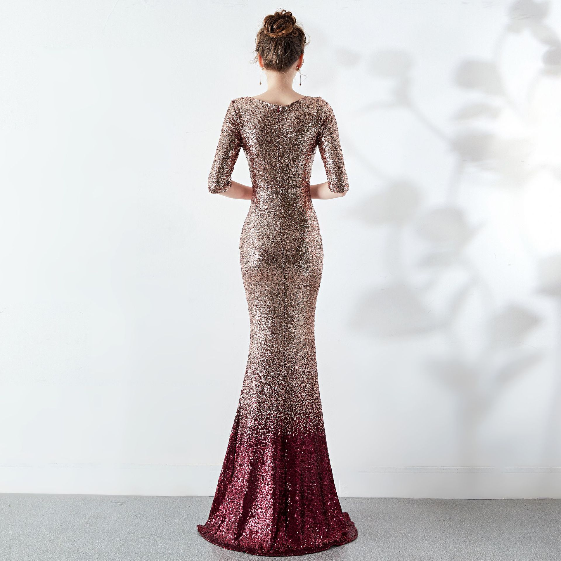 Bling Sparkly Mermaid Evening Party Dresses Long Sleeve Two Tone V-neck Half Sleeve Prom Gown luxurious Engagement dress