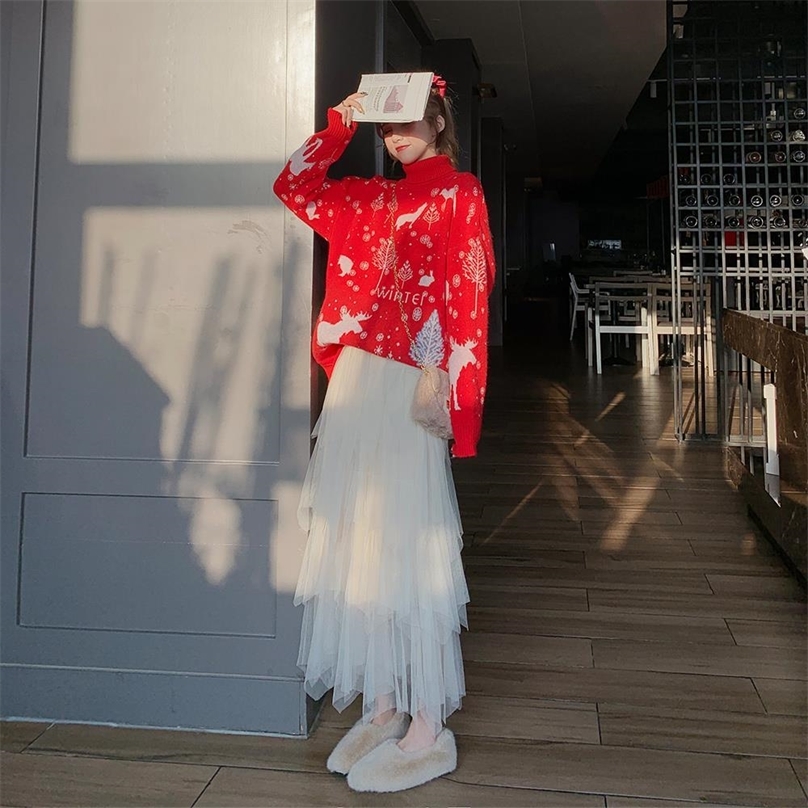 Autumn And Winter Loose Wearing Retro Hong Kong Flavor Wear Christmas Super Fairy Turtleneck Pullover Sweater Women Lazy Trend 201223