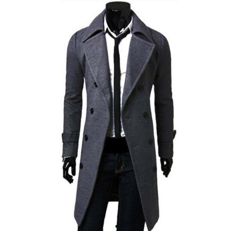 Fashion- Men Wool Trench Coats Jacket Classic Slim Lapel Peacoat Mens Winter Double Breasted Long Coats Outerwear
