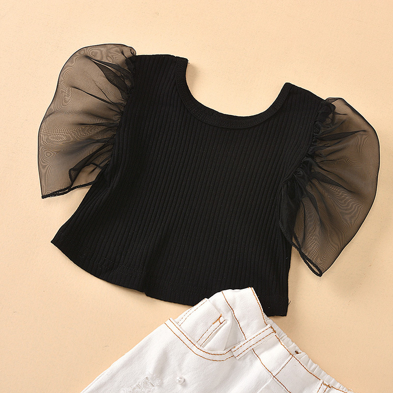 Humor Bear Summer Girls Kids Clothing Toddler New Summer Net Sleeve T-shirt+ Beaded Hole Jeans Children 2PCS Clothes SetsX1019