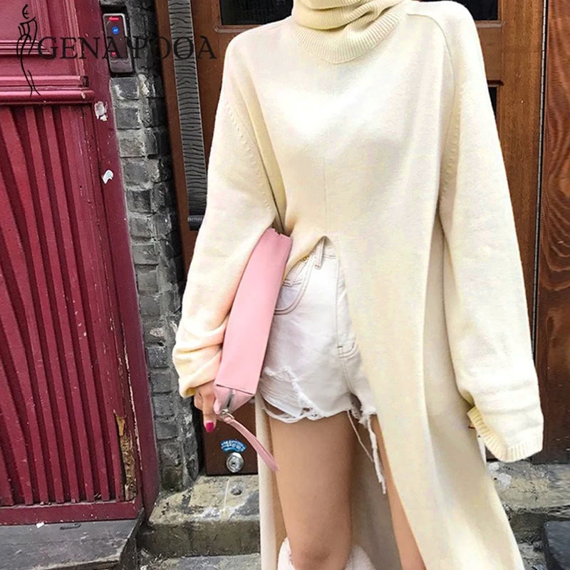 Genayooa Womens Turtleneck Pullover Sweater Long Sleeve Vintage Loose Knit Sweater Split Solid Long Jumper Ladies Korean Style 201128