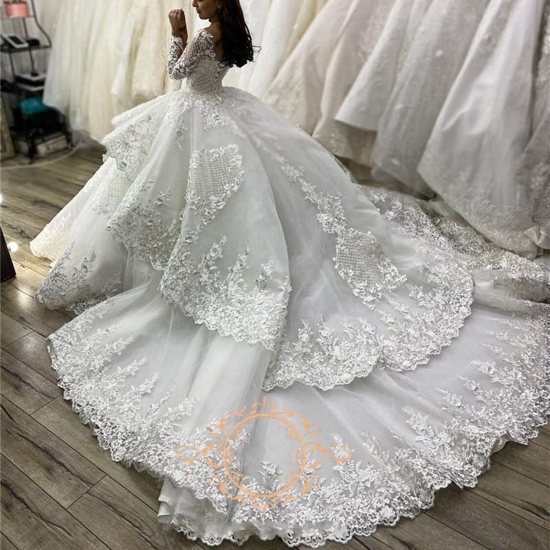 Gorgeous Lace applique Ball Gown Wedding Dresses Long Sleeve V-neck Ruffle Layers Chapel Train Bridal Dress Vestidos De Novia