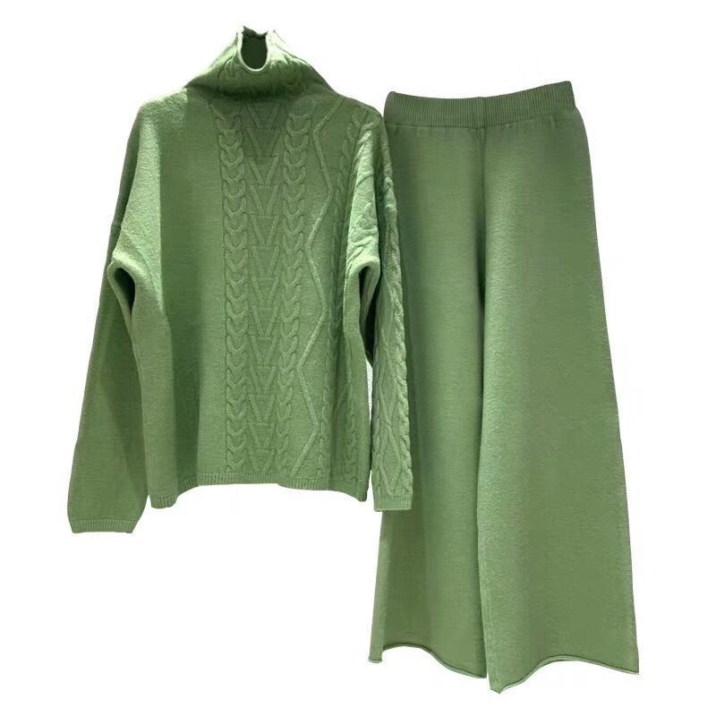 2020Women Woolen Solf warm Knitted suit Female wide legs pullover sweater & pant 2 piece set ,apricot Pink Green Blue T200118