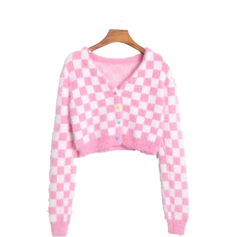 Pink Women Knitted Cardigan Sweaters Long Sleeve V-neck Plaid Crop Tops Casual Outwears Single Breasted Short Coat 201204
Pink Women Knitted Cardigan Sweaters Long Sleeve V-neck Plaid Crop Tops Casual Outwears Single Breasted Short Coat 201204