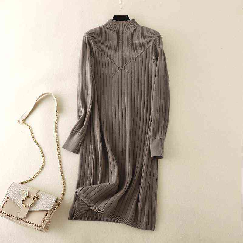 HL Chic Long Knit Maxi Women Sweater Dress Thick Warm Winter Pleated Dress Female Rib Turtleneck A Line Dress Office Lady 211221
