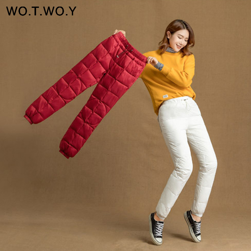 WOTWOY Casaul Winter Women Pants Pockets Plue size Basic High Waist Straight Female Down Pants Thick Trousers Women 201109