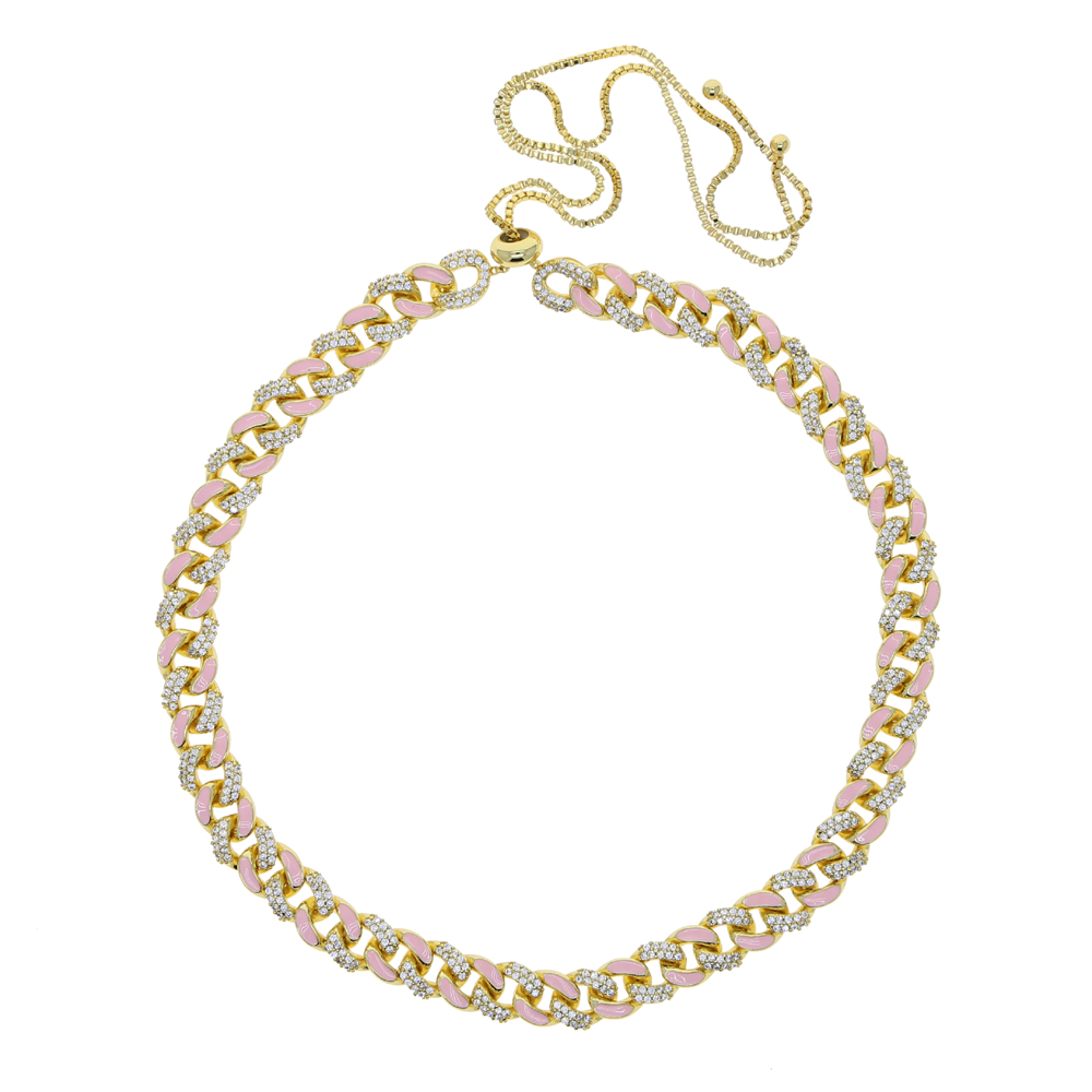 New Arrival Enamel Gold Color Cuban Link Chain Half Enamel Half CZ Cubic Zirconia Cuban Choker Necklace Adjusted Slider Chains for Women