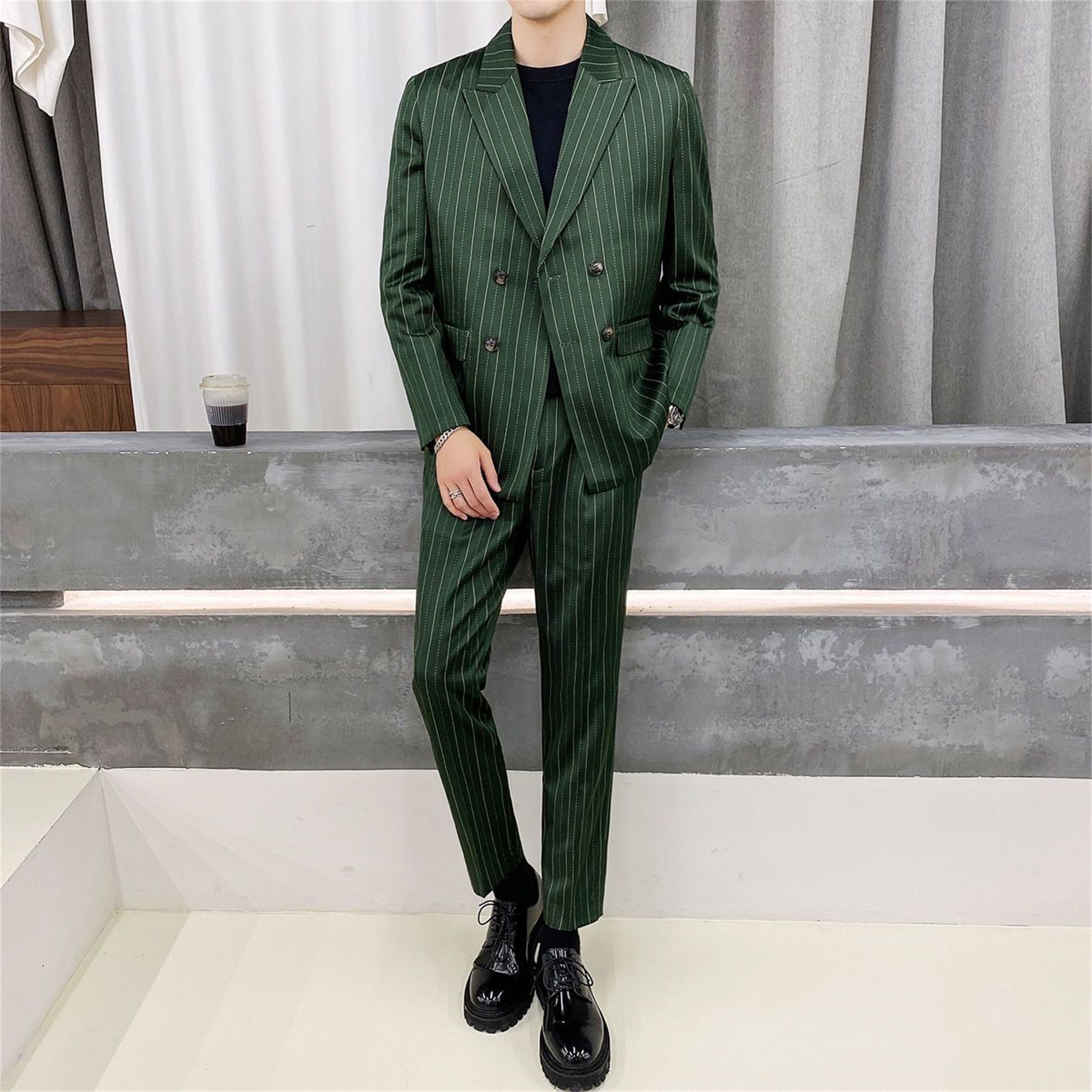 Olive Green Pinstripe Wedding Tuxedos Two Button Mens Groom Coat Suits Plus Size Prom Party Blazer Jacket (jacket+pants)