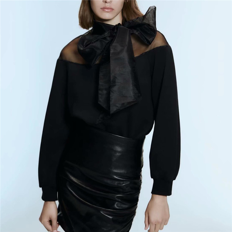 Sweet Organza Patchwork Blouse | Trendy Bow Tie Collar See-Through Top B2