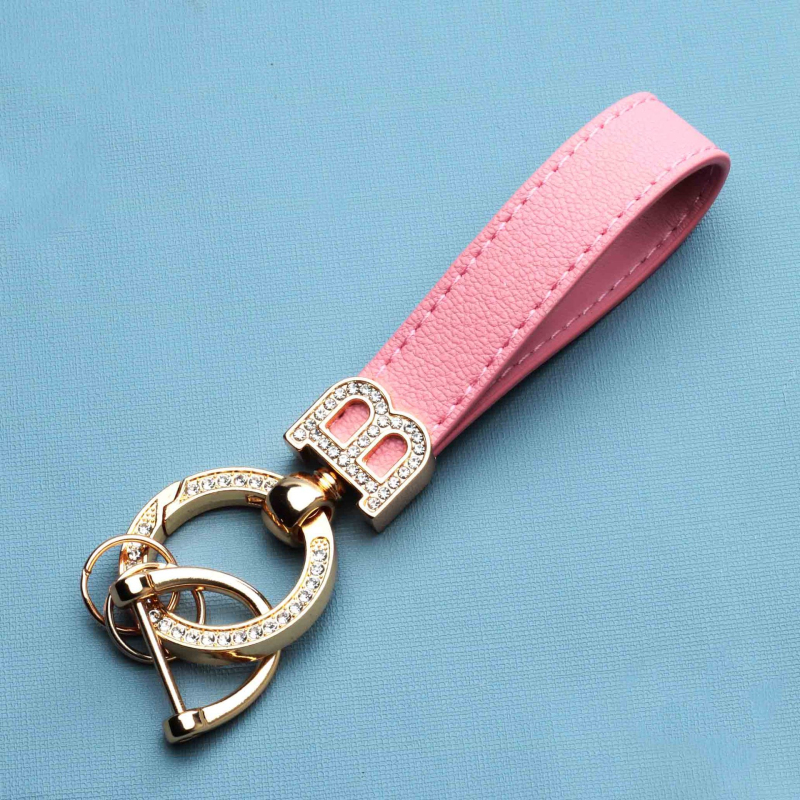 Classic Design Colorful Leather Keychain Car Key Gold Initial B Buckle Handbag Decorate Pendant Diamond Keyrings for Gift