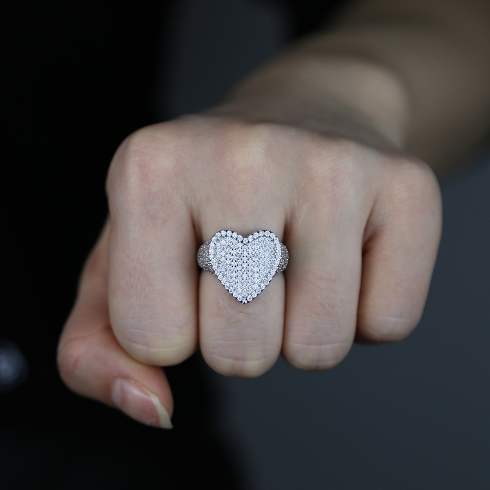 Drop Ship Bling Full Cubic Zircon Silver Color Ring Iced Out Micro Pave 5A Cz Heart Lovely Hip Hop Punk Rap Women Jewelry