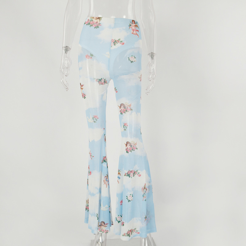 Fashion Flare Pants Women Summer Floral Print Trousers Female Causal Streetwear Elastic Waist Sportwear Mesh Ladies Pants T200606