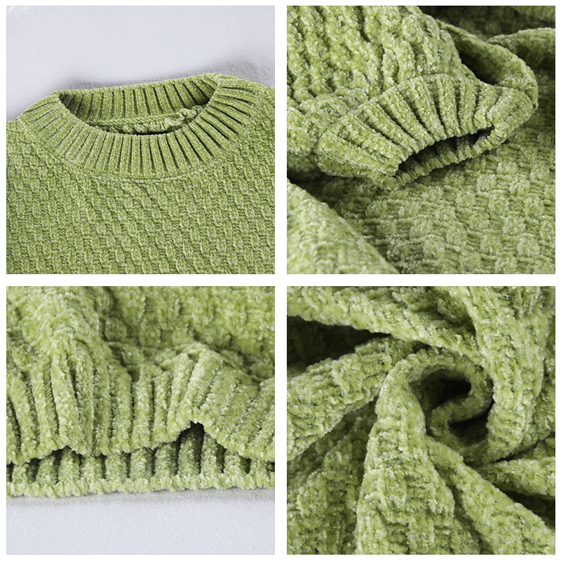 Hirsionsan Chenille Lantern Sleeve Solid Sweater Women Christmas Knitted Loose O Neck Warm Jumper Oversize Short Basic Pullovers 201222