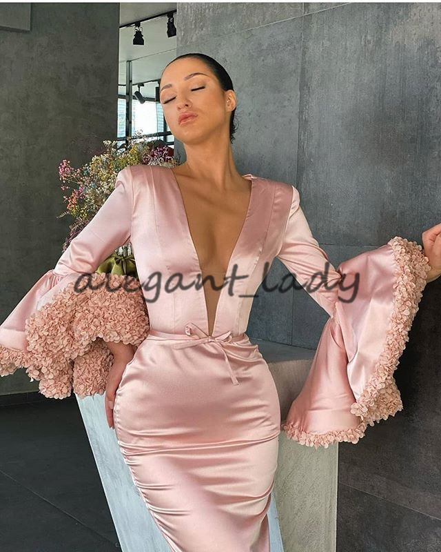 Pearl Pink Mermaid Evening Dresses 2021 Sexy V-neck Floral Long Sleeve Arabic Dubai Prom Gown vestidos formales