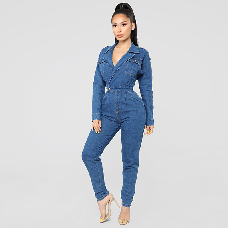 hot style sexy women s deep V wash water cowboy jumpsuits standard code of Europe and America T200107