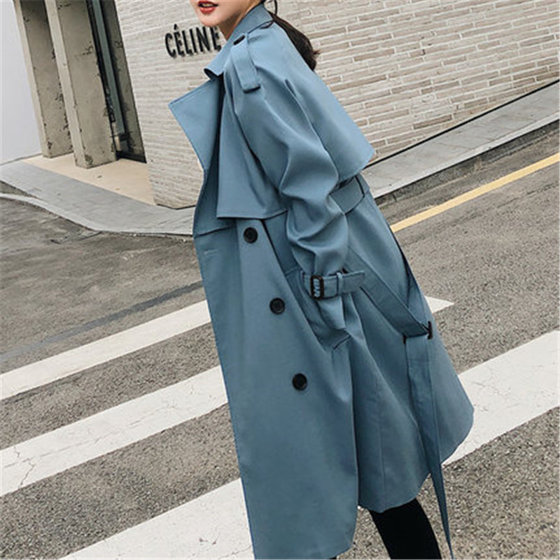 Windbreaker Female 2019 Spring Autumn New Korean Leisure Chic Loose Ladies Harbor Wind Long Trench Coat For Women Blue T200319