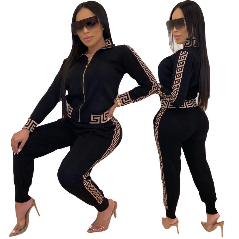 

Women' Two Piece Pants 2022 Y2k Tracksuit Women Elegant -Pieces Suit Sets Female Stylish Plus Size Greek Fret Print Coat & Pant Jogging, Black