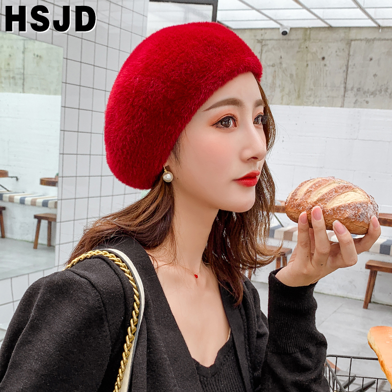 Autumn Winter Women Berets French Classic Solid Color Plush Mink Cashmere Beret Hat Winter Warm Knitting Hats Female Walking Cap 201009