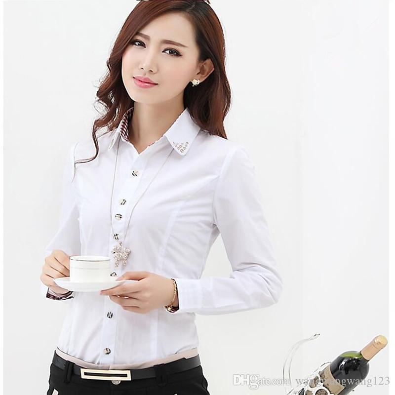 spring autumn women Career wear Office blouse tops Shirt Long Sleeve red white Korean lady Slim Cotton Blend Formal Workwear