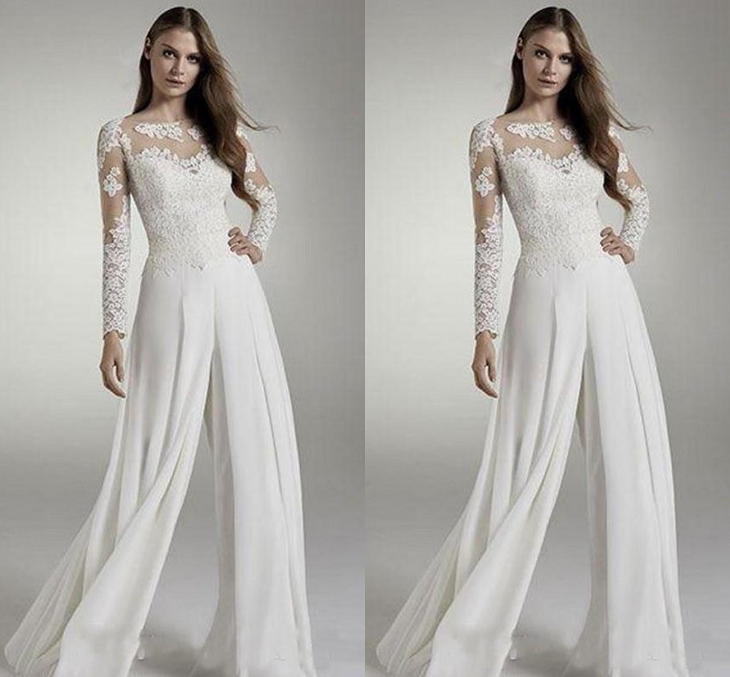 Cheap New Designer Lace Jumpsuits Long Sleeves Jewel Sheer Neck Hollow Back Applique Chiffon Bridal Suits Wedding Reception Dresses