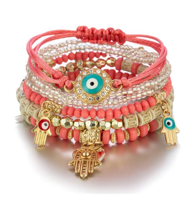 Kabbalah Fatima Hamsa Hand Evil Eye Charms Bracelets & Bangles Multilayer Braided Handmade Beads Pulseras For Women Men GD1223