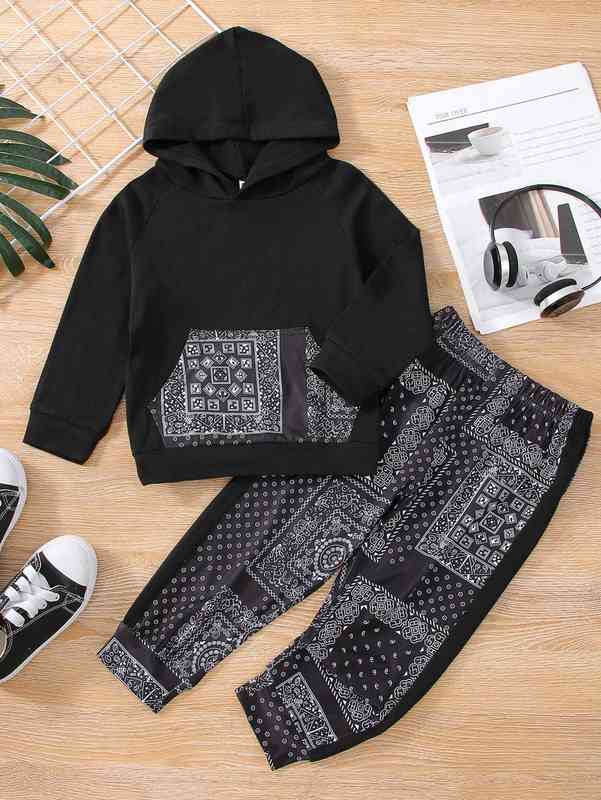 Baby Raglan Sleeve Hoodie & Scarf Print Sweatpants SHE