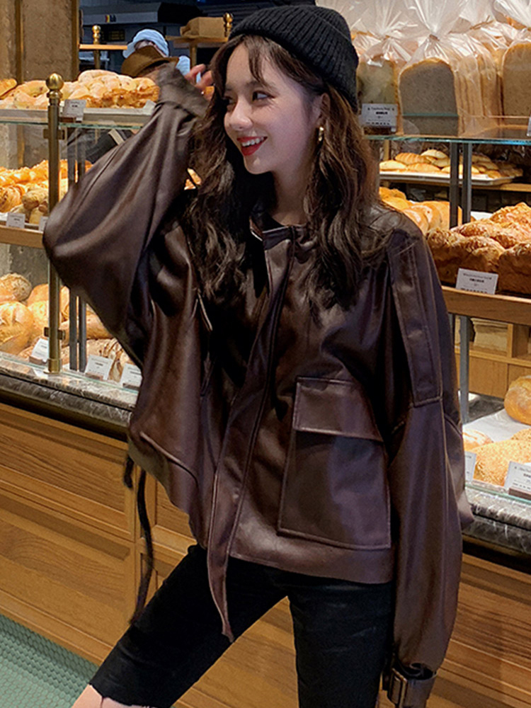 Lautaro oversized leather jacket women long sleeve Brown black loose faux leather jackets women Autumn plus size fashion 201020