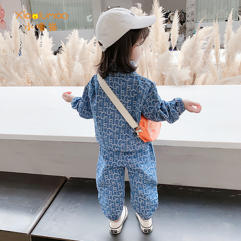 Kids Clothes Girls 2Pcs Jeans Suit Fashion Half Zipper&Packet Blue Letter Print Baby Set Long Sleeve Children's Costumes 3 To 8X1019