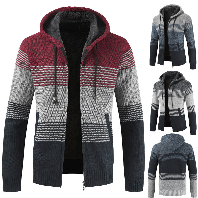Men's Sweater Coat Spring Autumn Mens Colorblock Hooded Stripe Coat Thick Zipper Wool Sweater Slim-fit Cardigan Jumpers Male 201118