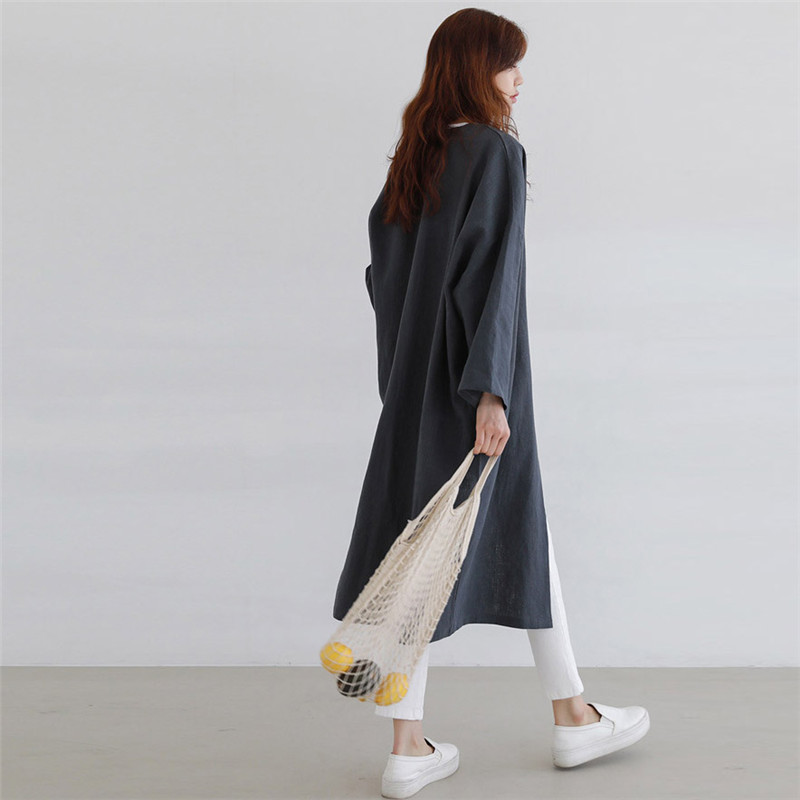Johnature Summer New Solid Color Linen Long Sunscreen Cardigan Trench Casual All Match Loose Full Sleeve Women Coats 201102
