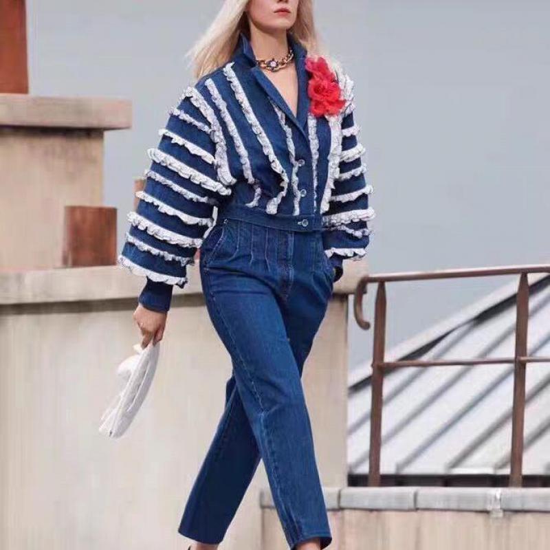 Getspring Women Coat Oversized Denim Jackets Ruffles Casual Patchwork Color Matching 201017