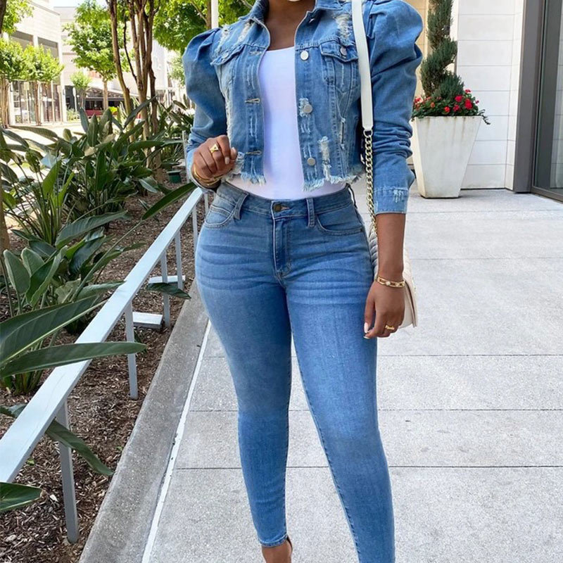 Autumn Hole Women's Denim Jacket Coats Plus Size Puff Sleeve Vintage Lady Jean Jackets Single Breasted Fashion Coat Female 201126