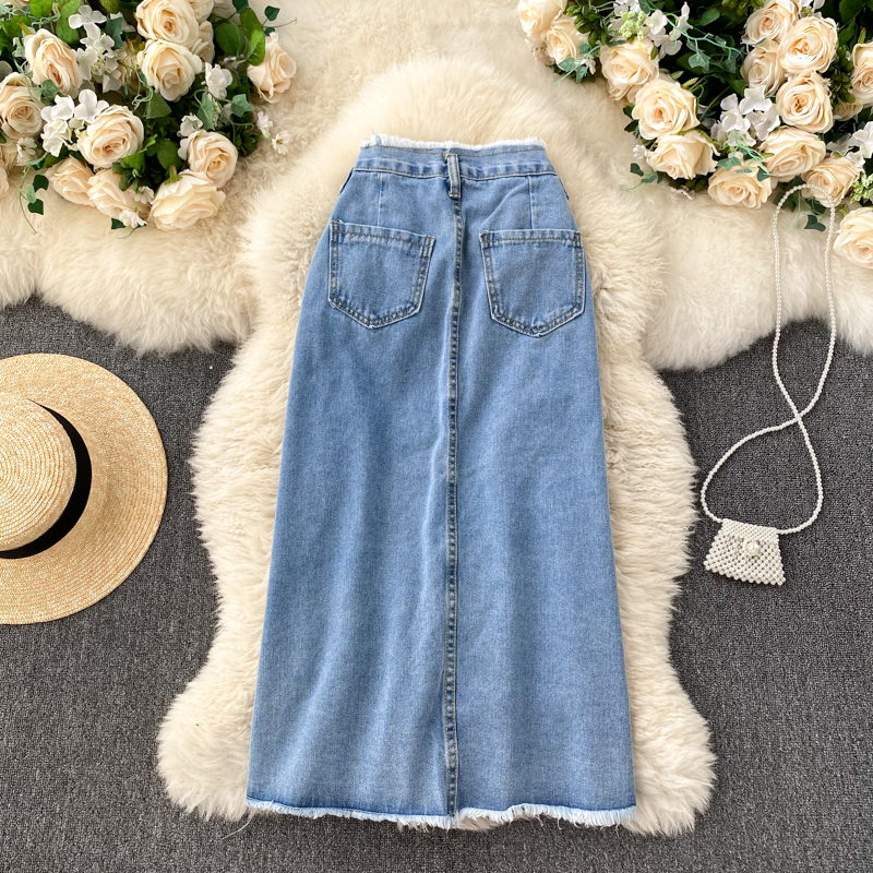 Foamlina Long Denim Skirt for Women Korean Fashion Vintage Tassels High Waist Single Breasted A-line Jeans with Pockets 220312