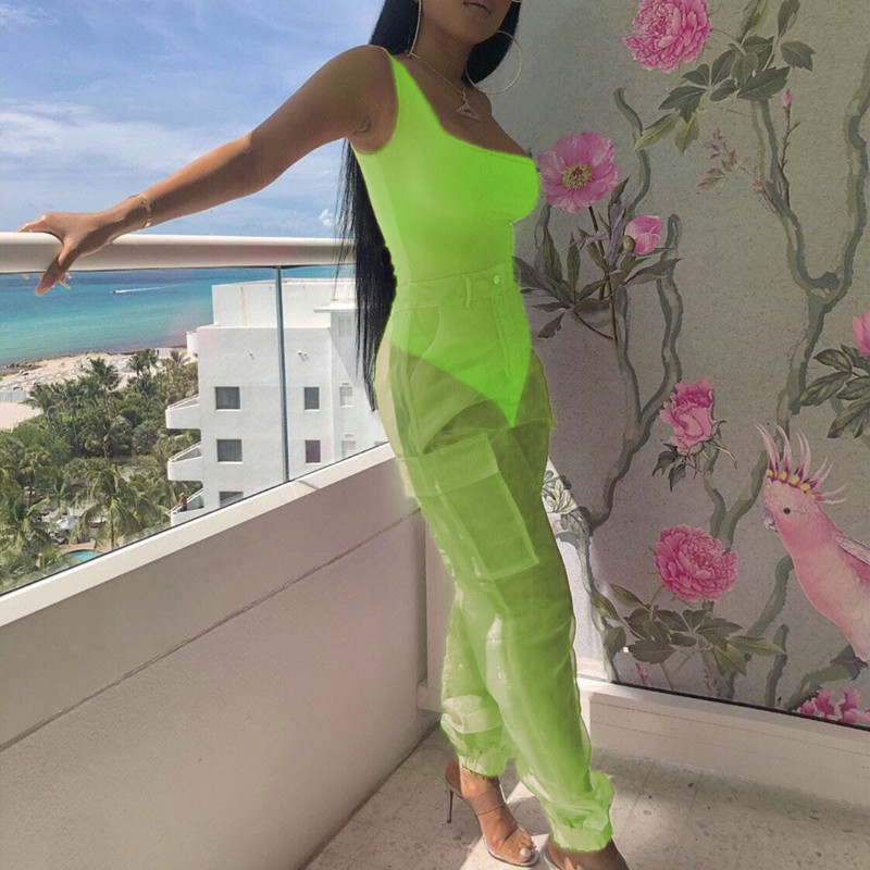 ANJAMANOR Sexy Two Piece Set Bodysuit Top and Mesh Pants Neon Pink Green Summer 2 Piece Club Outfits Matching Sets D59-AB72 T200704
