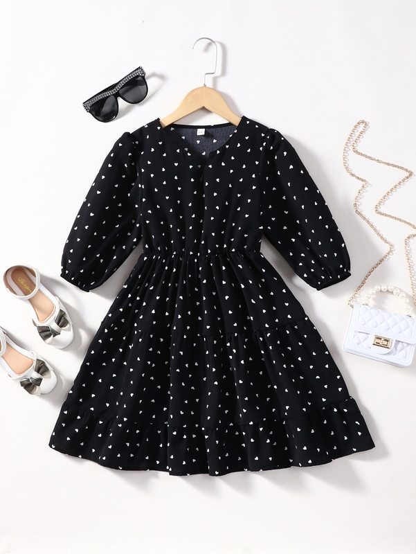 Girls Confetti Heart Print Lantern Sleeve Dress SHE