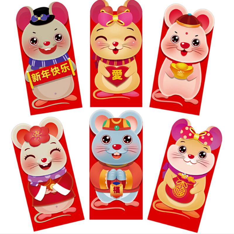 

6 Pcs 2020 Chinese New Year Red Money Envelope Year of the Rat Packet Bag Children New Red Pocket for Student Kids Gift