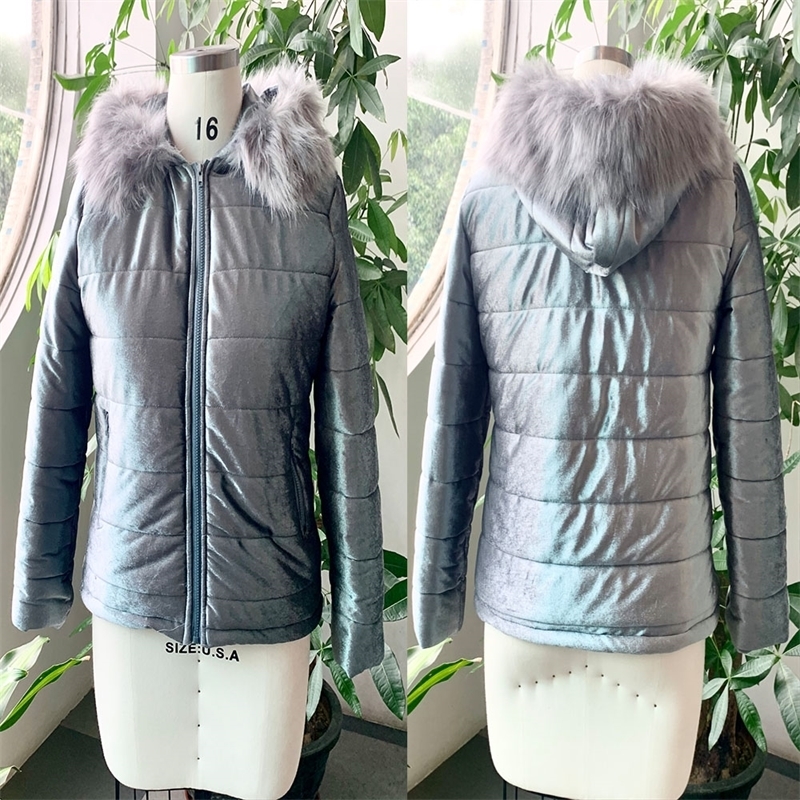 Winter Velvet Jacket Coat Women Cotton Padded Jackets Gray Pink Plus Size 4XL Hood Fur Collar Thick Fashion Basic Snow Outerwear 201019