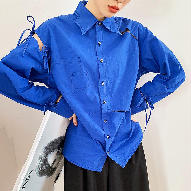 Designer Autumn New Style Blouse Women Chic Hollow Out Lace Up Bows Irregular Loose Shirt Women Tops Blouse Clothes SL234, Royal blue
Designer Autumn New Style Blouse Women Chic Hollow Out Lace Up Bows Irregular Loose Shirt Women Tops Blouse Clothes SL234, Royal blue